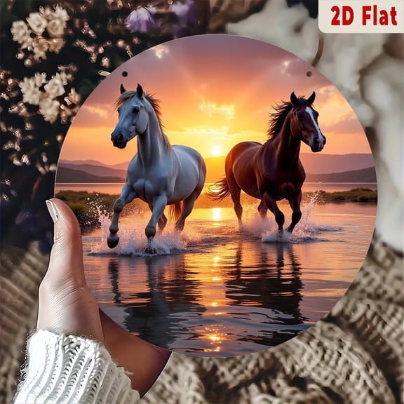 Running Horses at Sunset Lake Round Aluminum Sign - Scenic Wildlife Wall Decor, 1pc, 8" Wall Art Metal Sign, For Kitchen, Door, Room, Home, Bathroom, Ideal Gift, Weather Resistant, 2D Flat