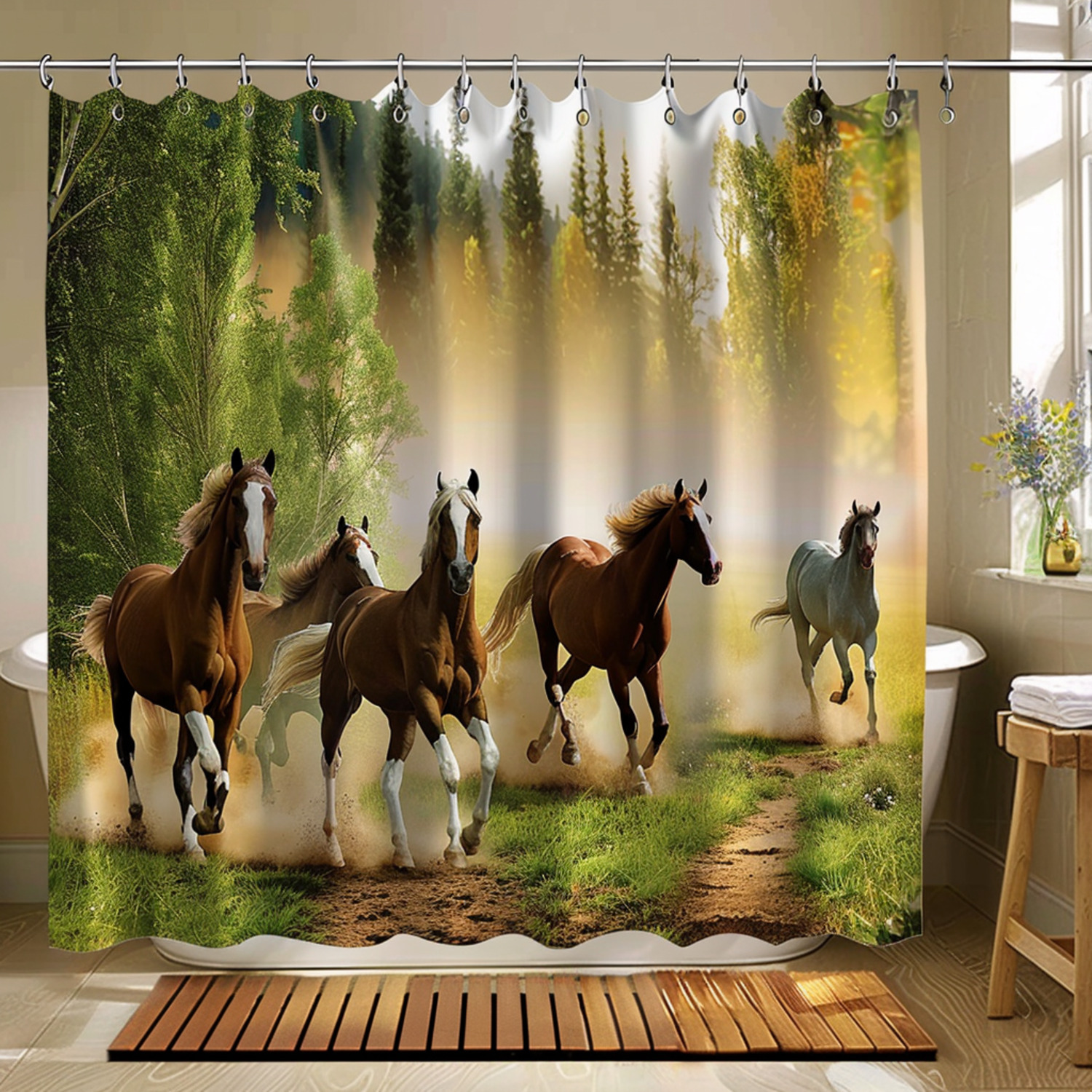 Running Horses in Forest Shower Curtain Horse Theme Bathroom Decor