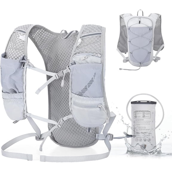 Running Hydration Vest, Grey Lightweight Breathable Adjustable Backpack With 1.5L Bladder For Women, Men, Hiking, Trail, Running, Marathons, Cycling(RL)