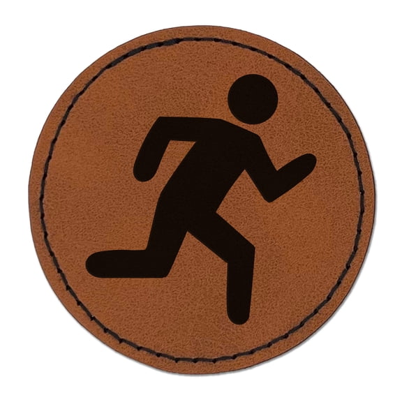 Running Icon Marathon Runner 2.5" Faux Leather Round Engraved Iron-On Patch - Brown