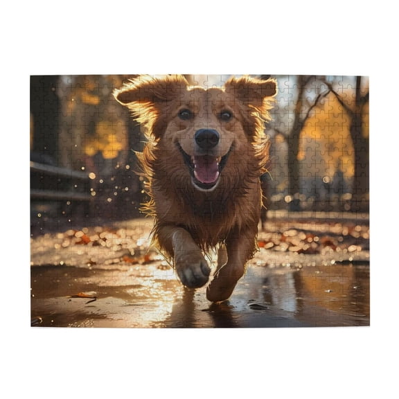 Running In Puddle Happy Dog 500-Piece Wooden Jigsaw Puzzle for Adults, Fun & Challenging Family Brain-Teaser, Perfect Home Decor & Gift