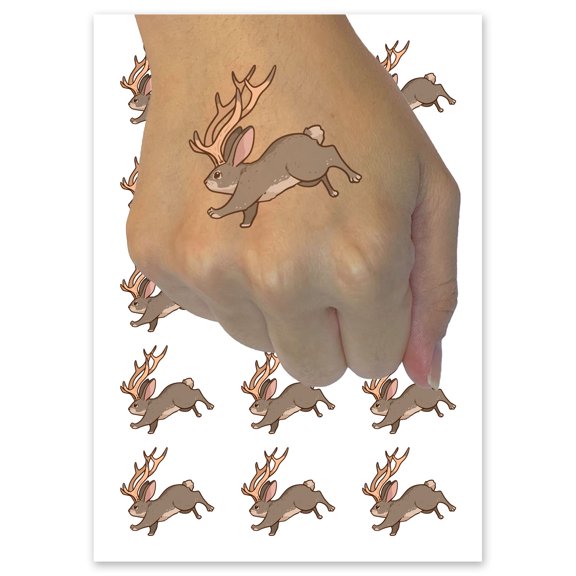 Running Jackalope Mythical Horned Rabbit Bunny Cryptid Temporary Tattoo Water Resistant Fake Body Art Set Collection - 54 1" Tattoos (1 Sheet)