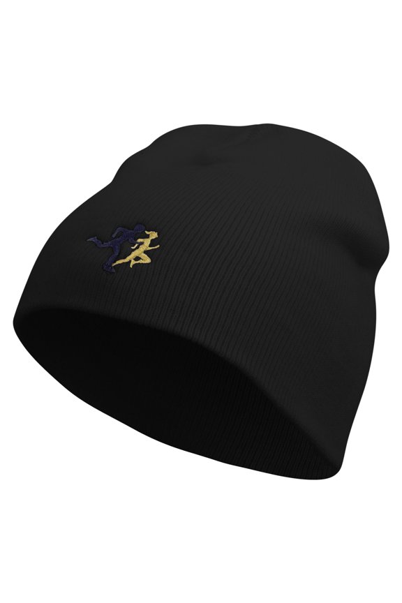 Running Logo Embroidered 8 Inch Knitted Short Beanie - Black OSFM