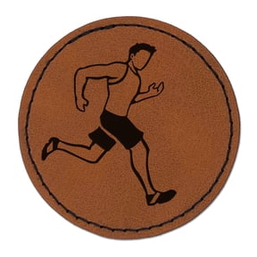 Running Man Fitness Exercise Marathon Workout Jogging Track and Field 2.5" Faux Leather Round Engraved Iron-On Patch - Brown