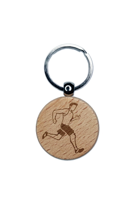 Running Man Fitness Exercise Marathon Workout Jogging Track and Field Round Keychain Charm Tag - Engraved Wood