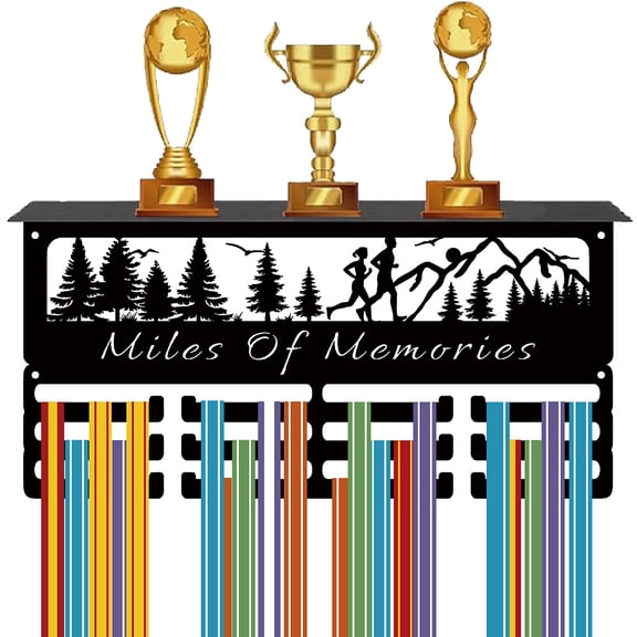 Running Medal Display Miles of Memories Medal Hanger with Trophy Shelf 3 Rows 12 Hooks Metal Race Award Holder Ribbon Rack