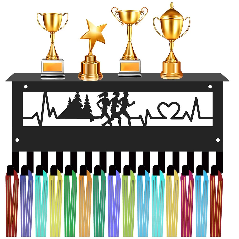 Running Medal Display Rack Sports Awards Holder with 15 Hooks Metal Black Frame Wall Mount Ribbon Organizer Hanger Stand