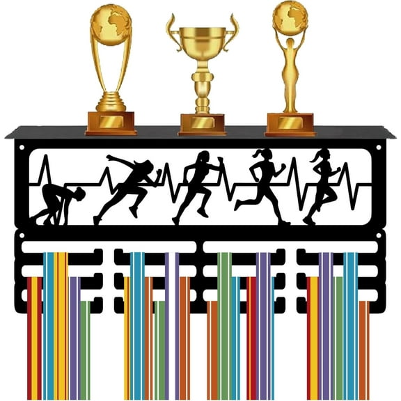 Running Medal Display Rack Trophy and Medal Shelf Metal Black Rectangle 3 Row Rack Sports Iron Wall Mount Hold 60+ Medals Stand Hanger for Running Marathon Sports Race Cheer 15.7 x 7.9 Inch