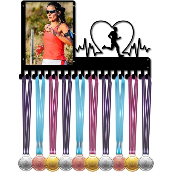 Running Medal Hanger Display Heartbeat Run Medal Holder with Photo Frame Sports Wall Rack Case Metal Black Hanging Awards Mount Lanyard Organizer