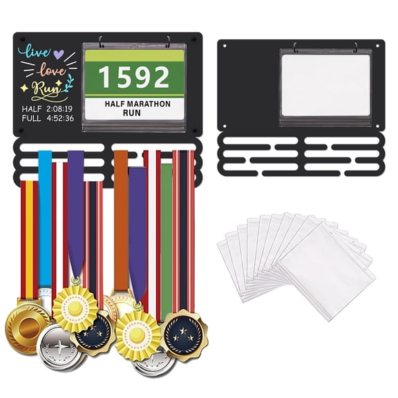 Running Medal Hanger Display Marathon Race Medals Holder with 10 Bibs 12 Hooks Sports Personalised Metal Rack Award Iron Shelf Organizer Wall Mounted Gifts