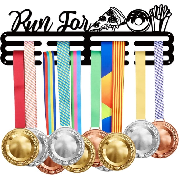 Running Medal Hanger Display Run for Pizza Donuts Fries Medal Holder Iron Sports Medals Display Hook for 60+ Competition Medals Holder Display Wall Hanging Athlete Gift Black 1pc