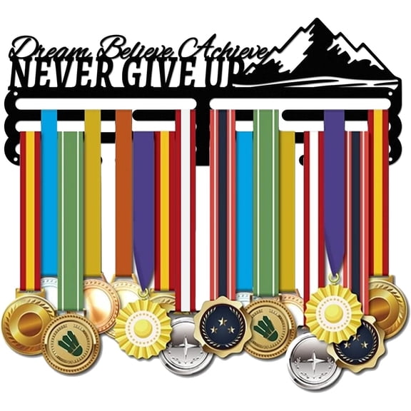 Running Medal Hanger Display Sports Competition Medal Holder Motivational Never GIVE UP Hook for 60+ Medals Black Iron Wall Mounted Hooks Sports Medal Hangers Racks Bib Ribbon Holder Black