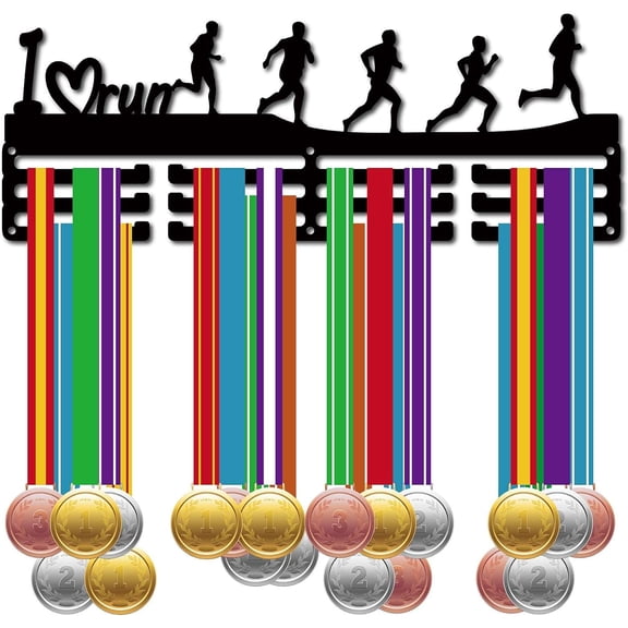 Running Medal Hanger Display Sports Medal Holder over 60+ Medals Award Iron Rack Wall Mount Hanging Decor for DIY Runner Marathon Athlete Ribbon Medal Medalist Black 15.7 x 5.7Inch - I Love Run