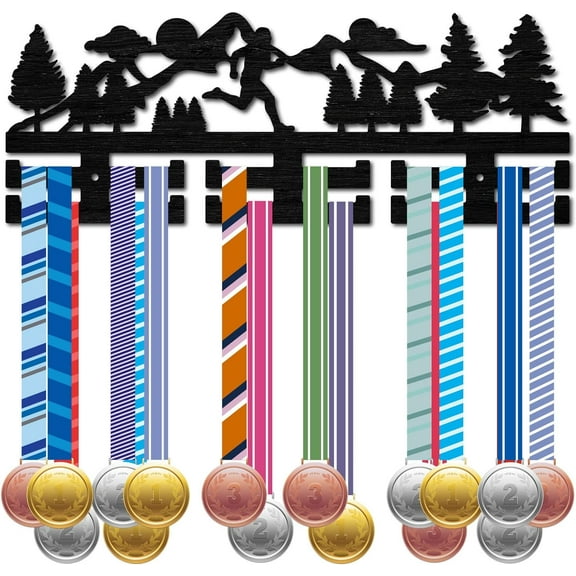 Running Medal Hanger Display Sports Medal Holder Rack Marathon Competition Awards Ribbons Organizer Black Wood Mount Decor Frame for Wall Hanging 30+ Medals Player Athlete Gift 15.7x5.9Inch