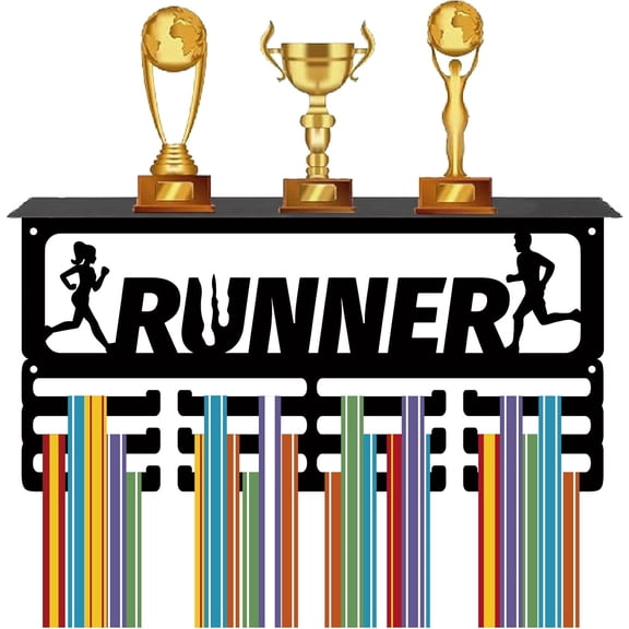 Running Medal Hanger Display Trophy Shelf Medal Holder with Shelf Stand Sports 4 Rows Metal Hanging Wall Mount Frame Hold 15.7x7.9Inch