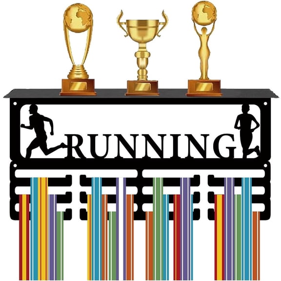 Running Medal Hanger Display Trophy Shelf Medal Holder with Shelf Stand Sports 4 Rows Metal Hanging Wall Mount Hold 70+ Medals for Runners Marathon
