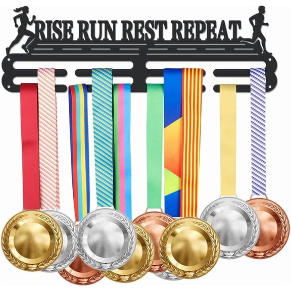 Running Medal Hanger Holder Display Rise Run Rest Repeat Sports Medals Display Rack for 40+ Medals Wall Mount Iron Ribbon Hook Hanger Decor for Athletes Players Gifts