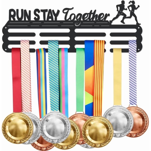 Running Medal Hanger Run Stay Together Medal Holder Iron Hook Rack Frame Awards Ribbon Cheer for 60+ Ribbon Lanyard Medal Wall Hanger Gifts for Kid Black for diy making