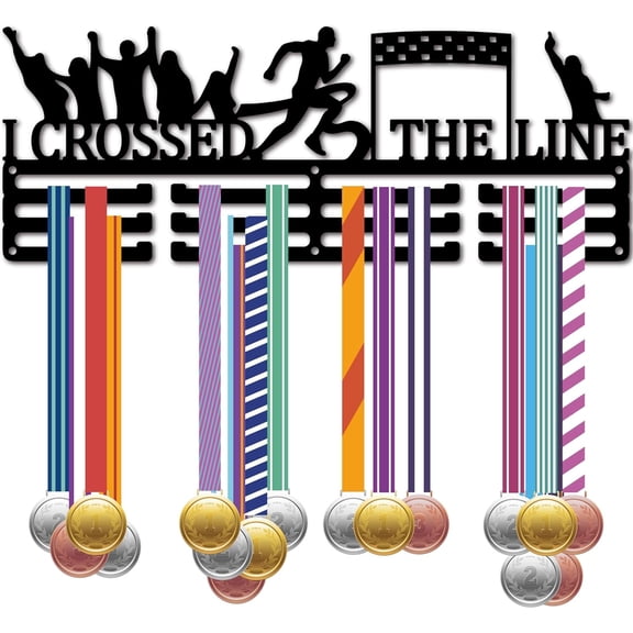 Running Medal Holder Cheer Medal Hanger Display Wall Rack Frame Metal Black Hanging Awards Mount Decor Sports Ribbon Organizer for Run Race Marathon Athlete 15.7x5.9Inch-I Crossed The Line