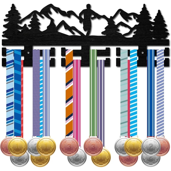 Running Medal Holder Display Hanger Park Mountain Trees Medals Hanging Rack Organizer Black Wooden Medal Holder Shelf Sport Medal