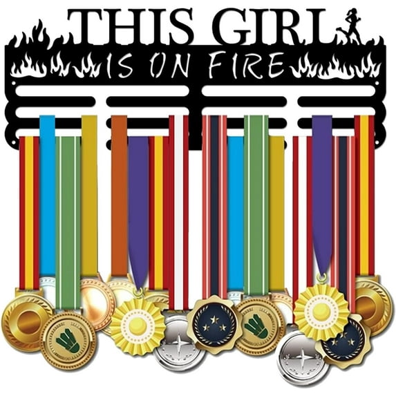 Running Medal Holder Display Hanger Rack This Girl is ON FIRE Sports Metal Wall Hanger Medals Display Motivational Saying Metal Holder Black Iron Wall Mounted Hooks for Runner Marathon Race