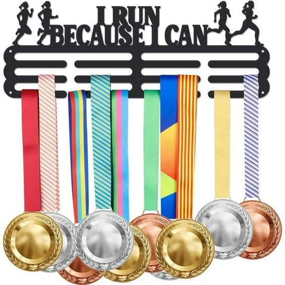 Running Medal Holder Display I Run Because I Can Trophy Hanger Rack Motivational Text Sports Metal Wall Mount with No Hooks Hang Over 60 Medals Black Gifts for Kid Black 1set