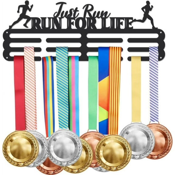 Running Medal Holder Display Just Run Trophy Hanger Rack Motivational Text Sports Metal Wall Mount with No Hooks Hang Over 60 Medals Black Gifts for Kid for DIY