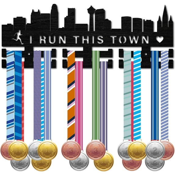 Running Medal Holder Display Medal Hangers Sports Rack Hanging Over 30 Medals Wood Medal Organizer Frame for Wall Mount Running Marathon Runner Athlete Award 15.7 x 5.9 Inch-I Run This Town