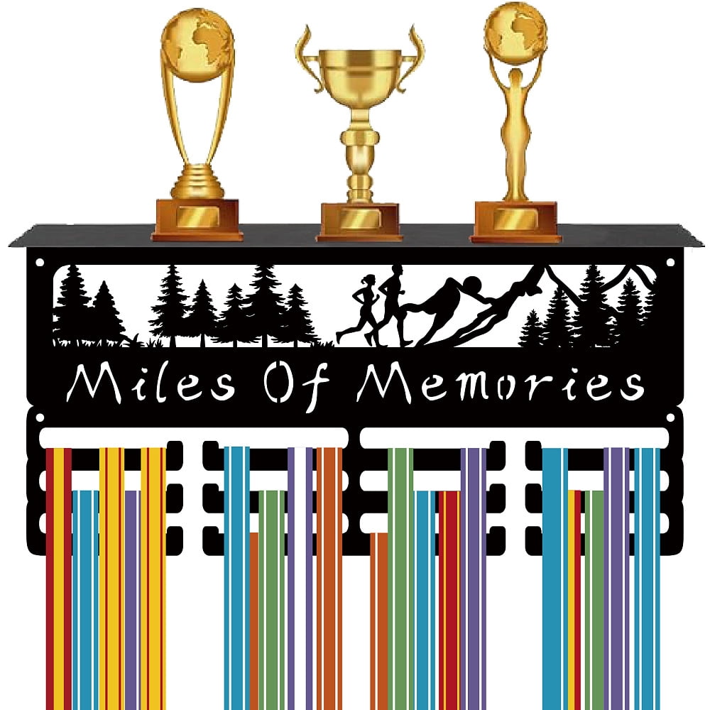 Running Medal Holder Display Trophy Shelf Organizer Miles of Memories Medal Hanger Hooks Metal Hanging Awards Rack Wall Mount DIY