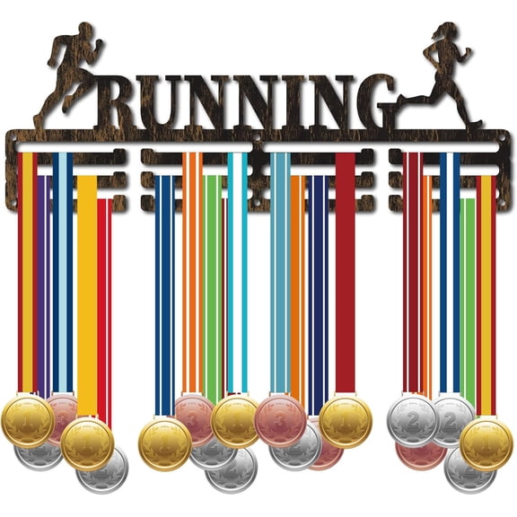 Running Medal Holder Hanger Medal Display Rack Organizer Metal Golden Medal Holders Shelf Stand Frame Decor Wall Mounted Hanging with 12 Hooks for Athlete Medalist 15.7x6Inch