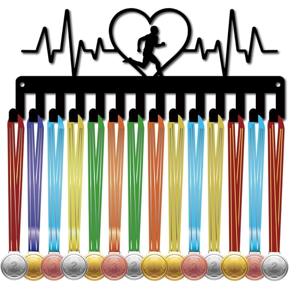 Running Medal Holder Medal Hanger Display Rack Heartbeat Sports Hanging Athlete Awards Iron Small Wall Mount Decor with 14 Hooks for Competition Ribbon Lanyard Medals Black 11.4x4.6Inch Black