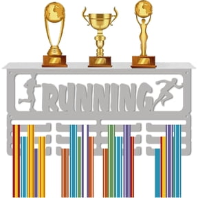 Running Medal Holder Sport Medal Hanger Wall Mount Race Awards Storage Rack with 3 Rows Hooks for 60+ Medals Ribbons Hanging Display Outdoor Sport Run Athletes Winners Gift 15.8x7.9in Silver