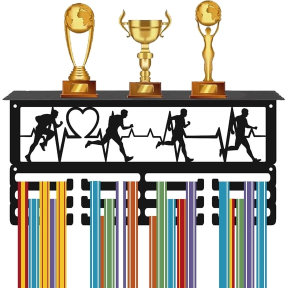 Running Medal Holder Sports Trophy Display Shelf 3 Row Hold 60+ Medals Black Iron Rectangle Rack Wall Mount Frame Metal Athletes Awards Hanger for Running Sport Races Cheer 15.7 x 7.9 Inch