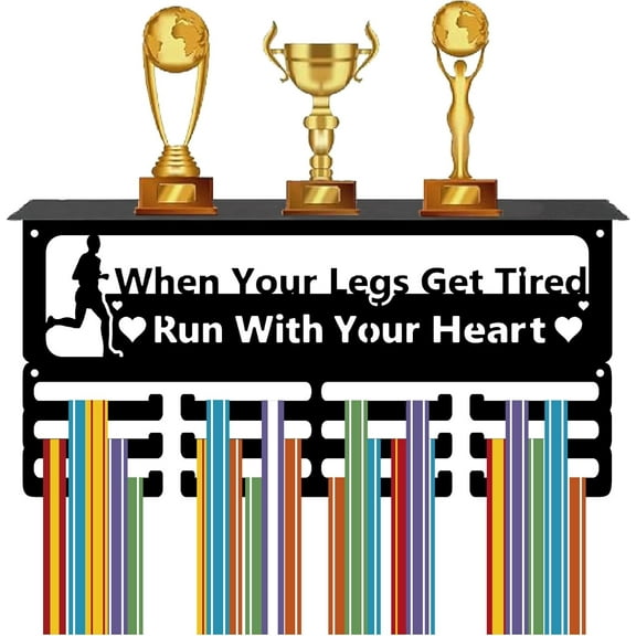 Running Medal Holder Trophy Display Shelf Black Rectangle Iron 3 Row Hold 60+ Medals Wall Mount Ribbon Award Rack Hanger Stand