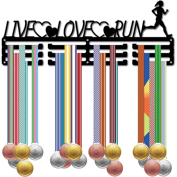 Running Medal Holder Wall Hanger Run Medal Display Black Metal Iron Live Love Run Sturdy Marathon Awards Mount Decor Rack Holders with Screws for Sports Runner Athlete 15.7 x 5.9 Inch