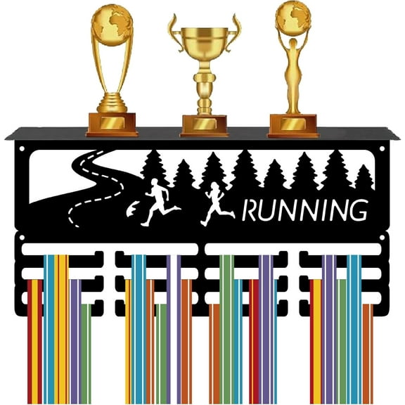 Running Medal Rack Trophy Shelf Display with 12 Hooks Marathon Metal Medal Hanger for Wall Mount Hold 60+ Sports Awards Ribbons Organizer Holder with Shelf for Runner Race 15.7x8x4Inch