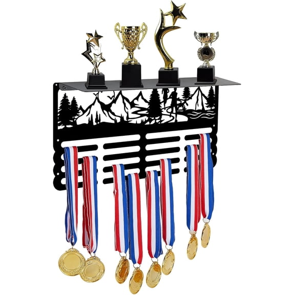 Running Medal Trophy Hanger Rack Mountain Run Medal Holder Display with Trophy Shelf Metal Medal Hanger Display with Shelf Stand for DIY Running Awards Storage Athletes Gifts