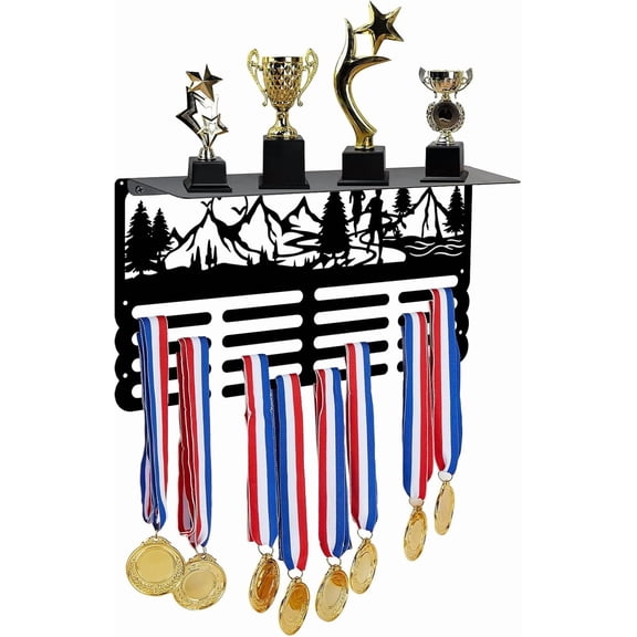 Running Medal Trophy Hanger Rack Mountain Run Medal Holder Display with Trophy Shelf Metal Medal Hanger Display with Shelf Stand for Running Awards Storage Athletes Gifts