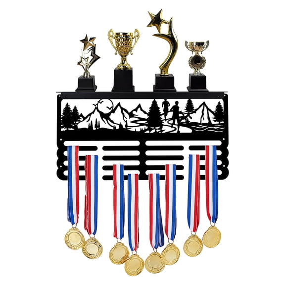 Running Medal Trophy Hanger Rack Mountain Run Medal Holder Display with Trophy Shelf Metal Medal Hanger Display with Shelf Stand
