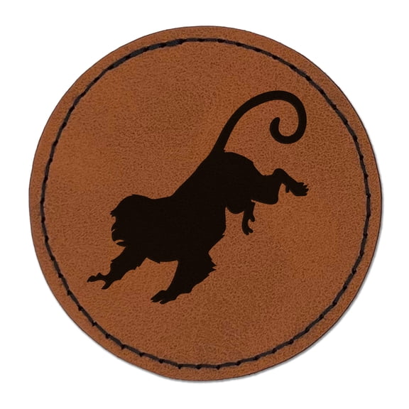 Running Monkey with Long Tail 2.5" Faux Leather Round Engraved Iron-On Patch - Brown