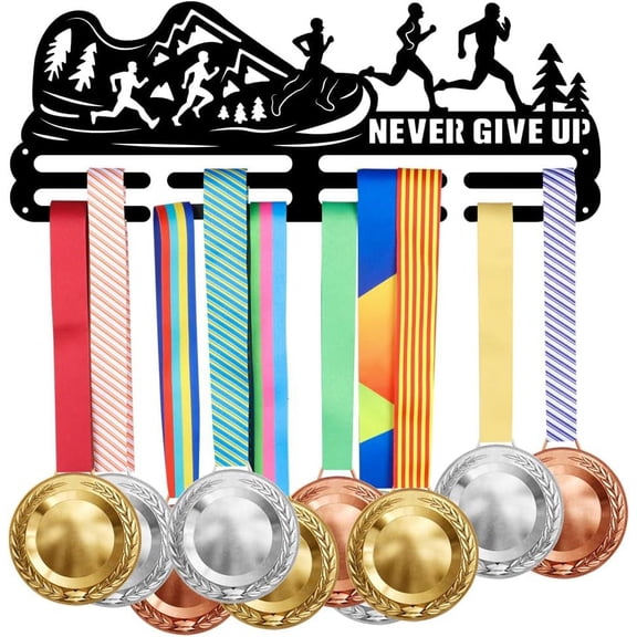 Running Mountain Views Medal Hanger Display Never Give Up Running Medals Display Rack for 40+ Medals Wall Mount Ribbon Display Holder Rack Hanger Decor Iron Hooks
