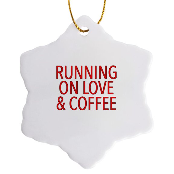 3drose, Running on Love and Coffee Red, 3 inch Snowflake Porcelain Ornament