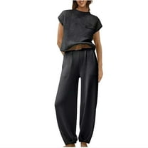 uublik Running Outfits for Women Short Sleeve Pullover Tops and Long Pants Set Black, S