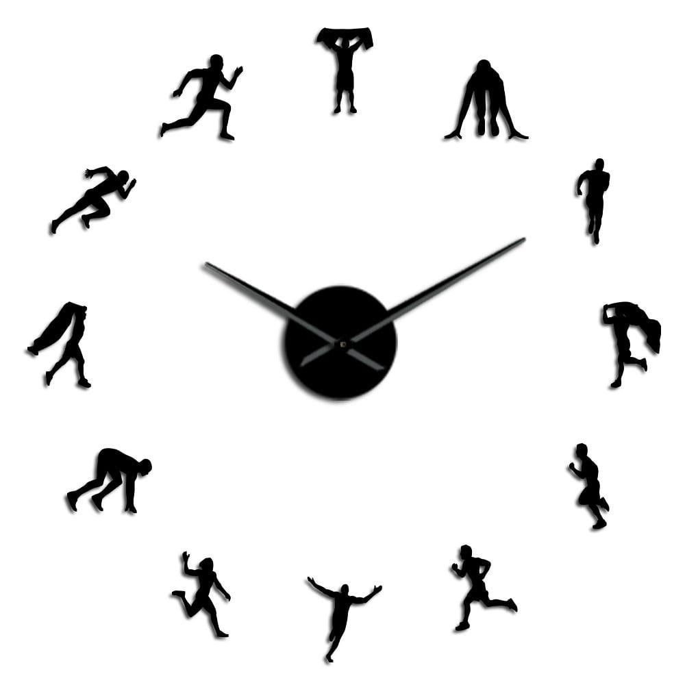 Running Race Athlete Portrait Self Adhesive 3D DIY Wall Clock Footrace Sportsman Track and Field Theme Frameless Clock Watch(Black,47inch)