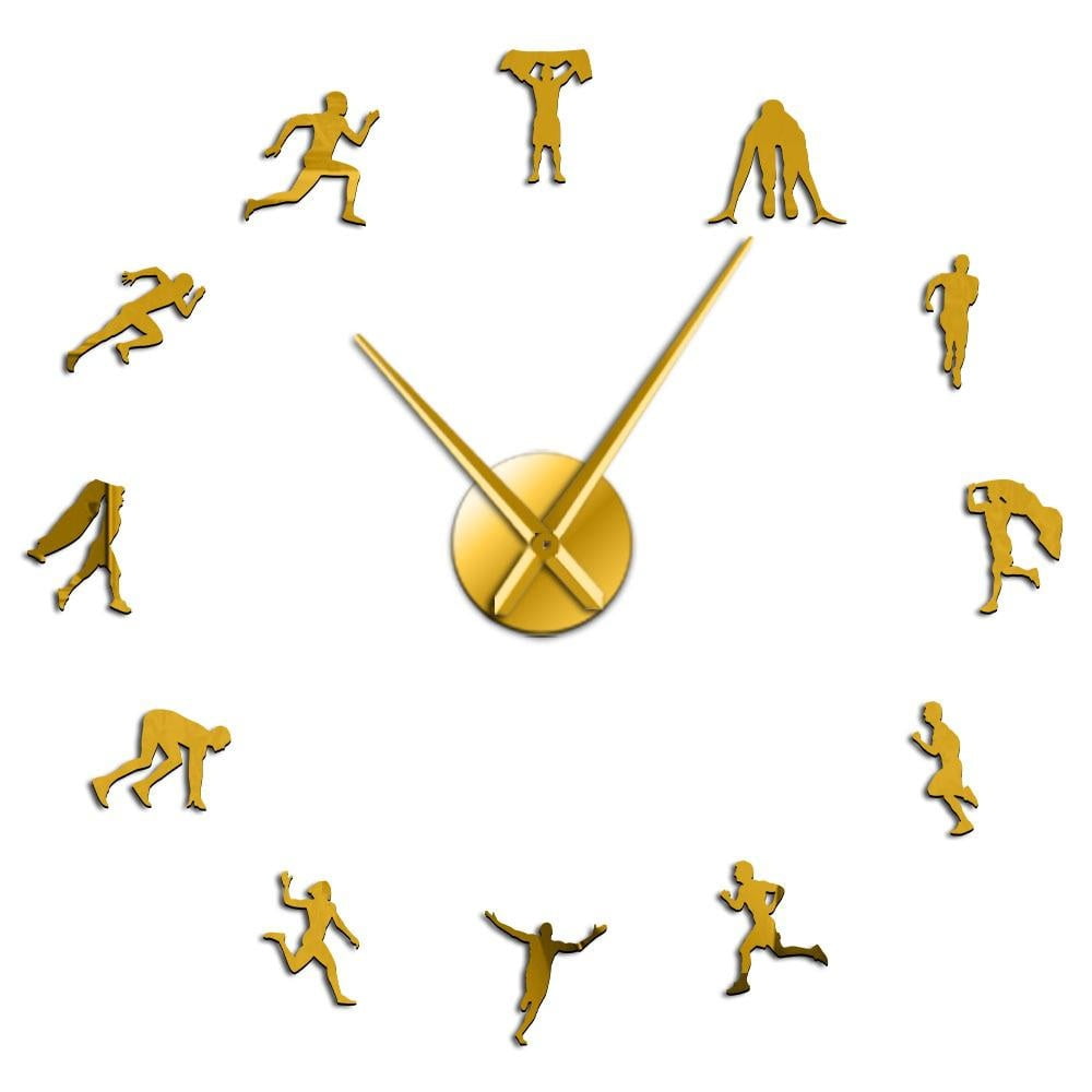 Running Race Athlete Portrait Self Adhesive 3D DIY Wall Clock Footrace Sportsman Track and Field Theme Frameless Clock Watch(Gold,27inch)