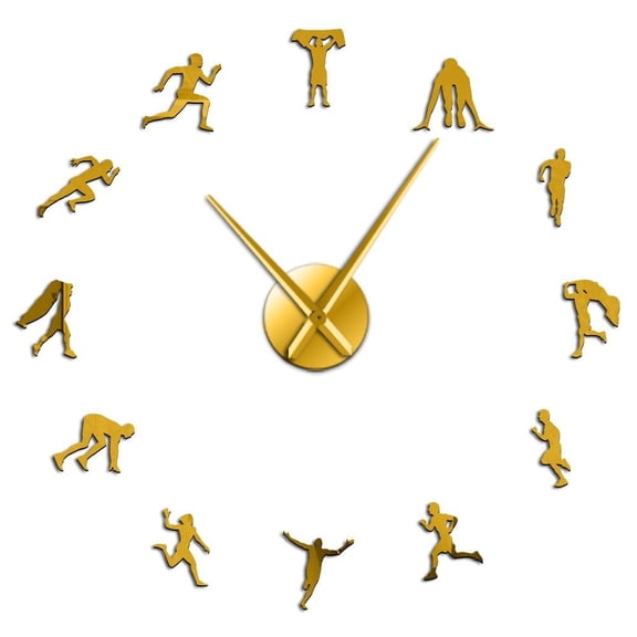 Running Race Athlete Portrait Self Adhesive 3D DIY Wall Clock Footrace Sportsman Track and Field Theme Frameless Clock Watch(Gold,47inch)
