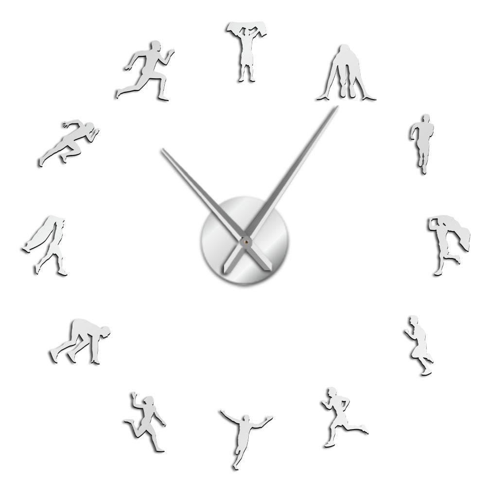 Running Race Athlete Portrait Self Adhesive 3D DIY Wall Clock Footrace Sportsman Track and Field Theme Frameless Clock Watch(Silver,27inch)