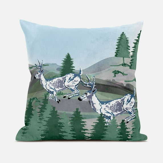 Amrita Sen Running Reindeer Throw Pillow in Green Blue 18x18