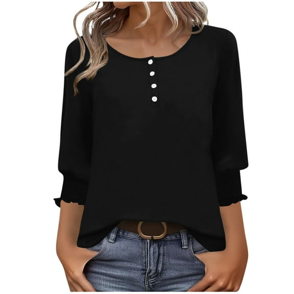 Running Shirts 3/4 Sleeve Tops for Women Dressy Casual Blouse, Ruffle Cuffs Sleeve Shirts Button Crewneck Tunic T Shirt Black XL