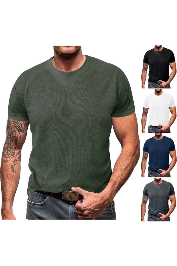 Running Shirts for Men Solid Color Fashion Sporty Knit T-Shirt Short Sleeve Round Neck Top Army Green,M
